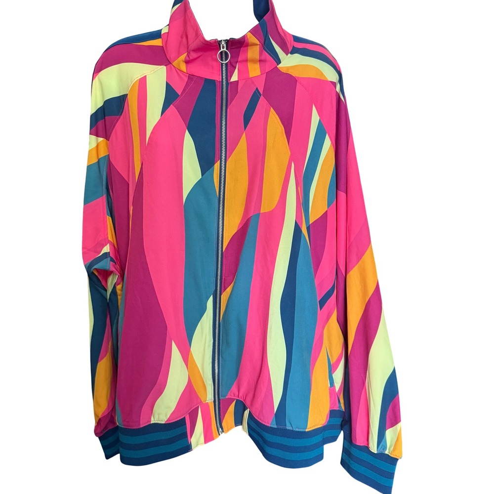 Tek Gear Womens 3X Track Jacket Pink Blue Abstract Geometric Full Zip Mock Neck - Picture 7 of 9